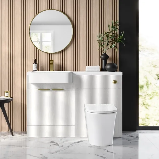 Sicily Fluted Coastal White Combination Vanity Basin and Tucson Toilet 1200mm - Brushed Brass Accents - Left Handed