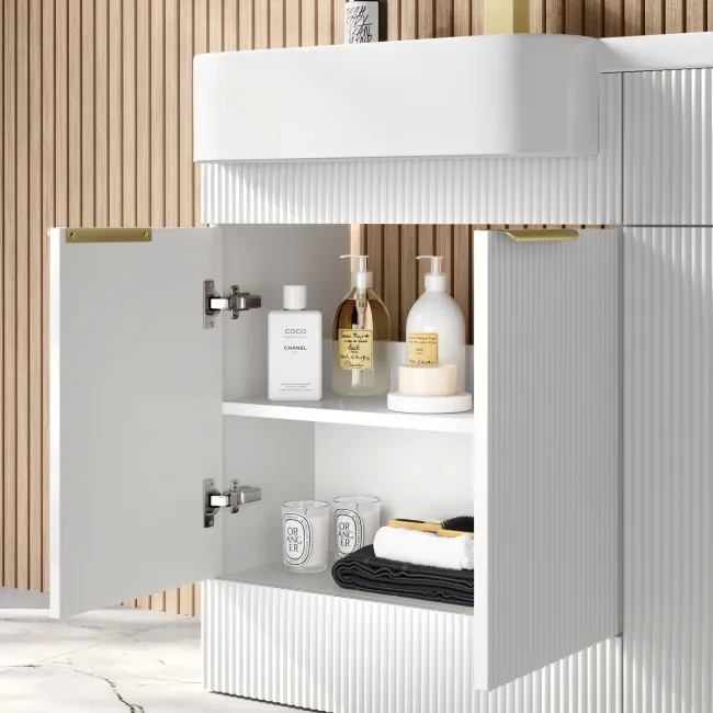 Sicily Fluted Coastal White Combination Vanity Basin and Tucson Toilet 1200mm - Brushed Brass Accents - Left Handed