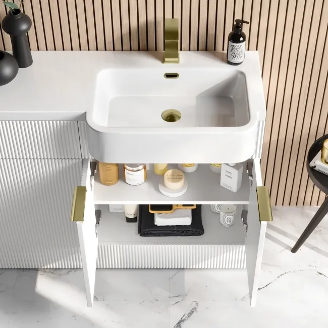 Sicily Fluted Coastal White Combination Vanity Basin and Tucson Toilet 1200mm - Brushed Brass Accents - Right Handed
