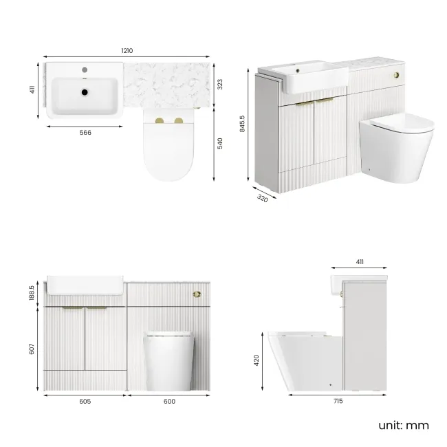 Sicily Fluted Coastal White Combination Vanity Basin with Marble Top & Boston Toilet 1200mm - Brushed Brass Accents