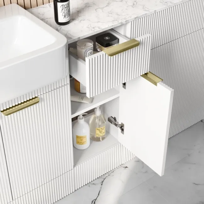 Sicily Fluted Coastal White Combination Vanity Basin with Marble Top & Houston Toilet 1500mm - Brushed Brass Accents