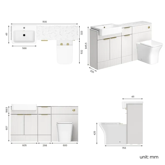 Sicily Fluted Coastal White Combination Vanity Basin with Marble Top & Houston Toilet 1500mm - Brushed Brass Accents