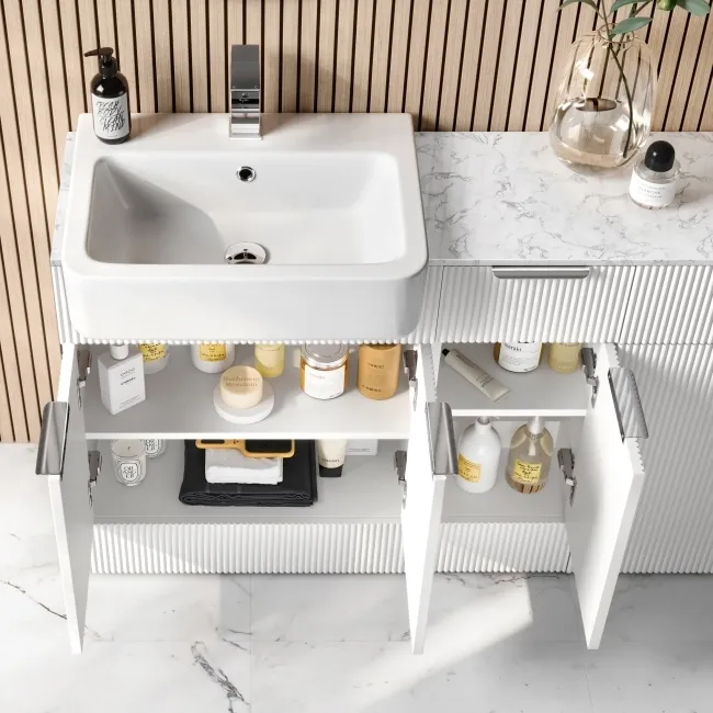 Sicily Fluted Coastal White Combination Vanity Basin with Marble Top & Boston Toilet 1500mm - Chrome Handles