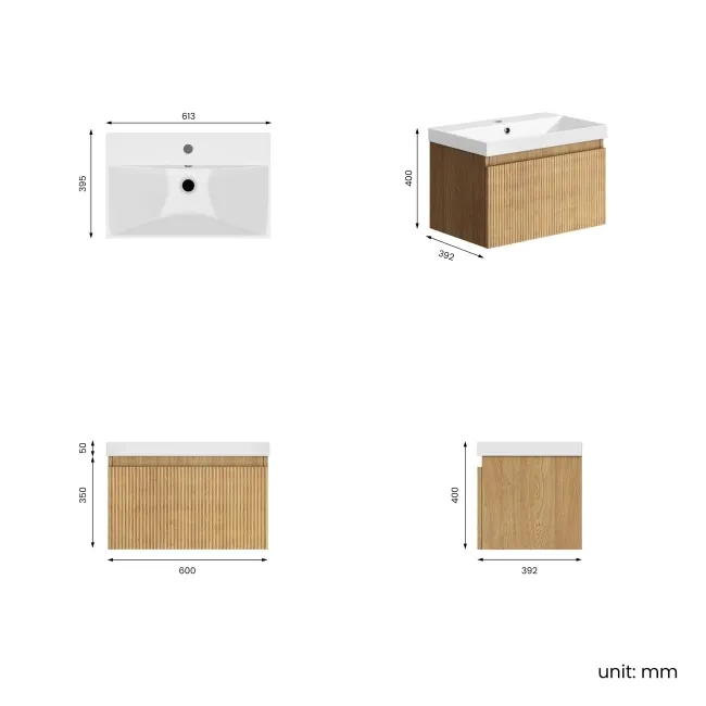 Malta Fluted Country Oak Wall Hung Basin Drawer Vanity 600mm