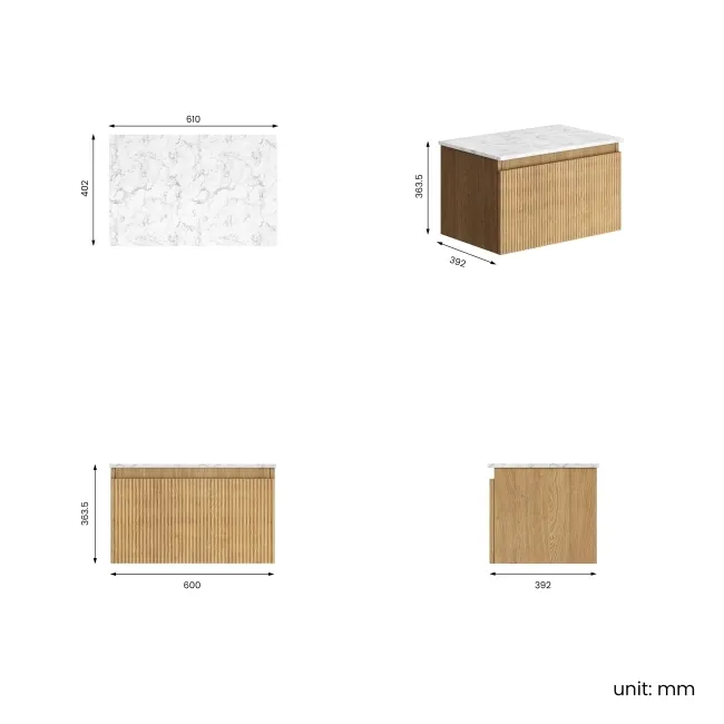 Malta Fluted Country Oak Wall Hung Drawer Vanity with Marble Top 600mm - Excludes Counter Top Basin