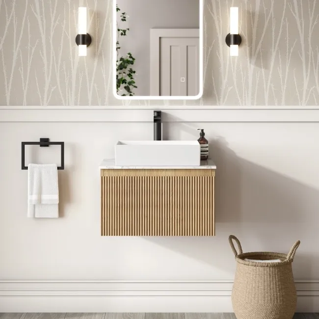 Malta Fluted Country Oak Wall Hung Drawer Vanity with Marble Top & Cody Basin 600mm