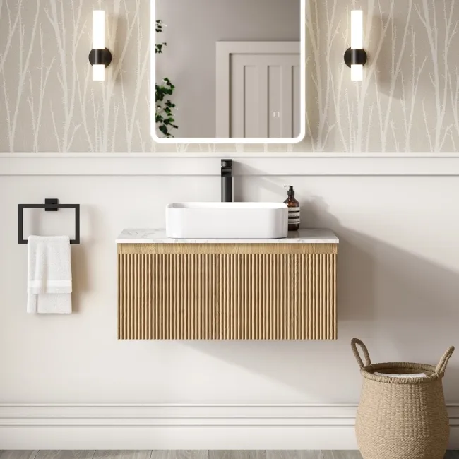 Malta Fluted Country Oak Wall Hung Drawer Vanity with Marble Top & Marin Basin 800mm