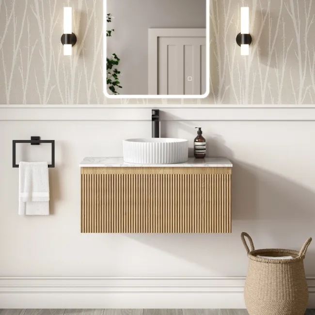 Malta Fluted Country Oak Wall Hung Drawer Vanity with Marble Top & Nevis Basin 800mm