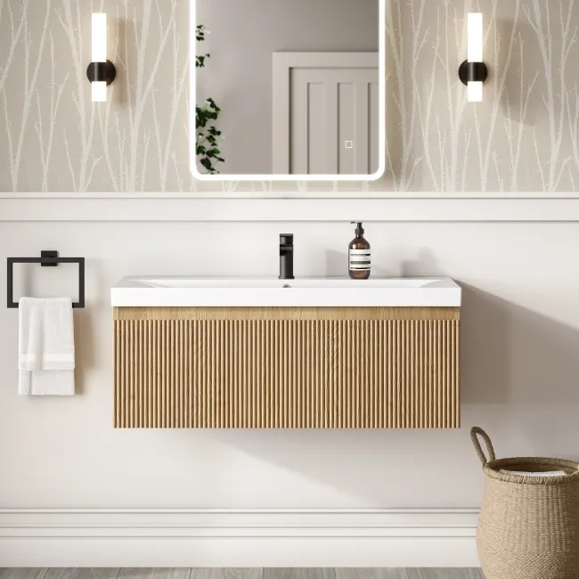 Malta Fluted Country Oak Wall Hung Basin Drawer Vanity 1000mm