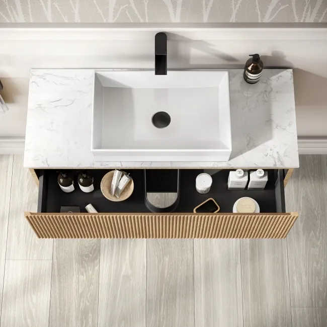 Malta Fluted Country Oak Wall Hung Drawer Vanity with Marble Top & Cody Basin 1000mm