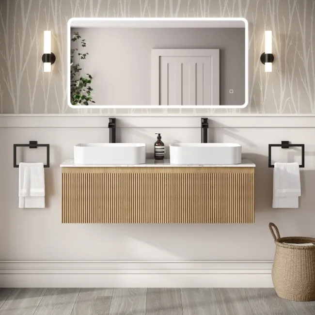Malta Fluted Country Oak Double Wall Hung Drawer Vanity with Marble Top & Marin Basin 1200mm