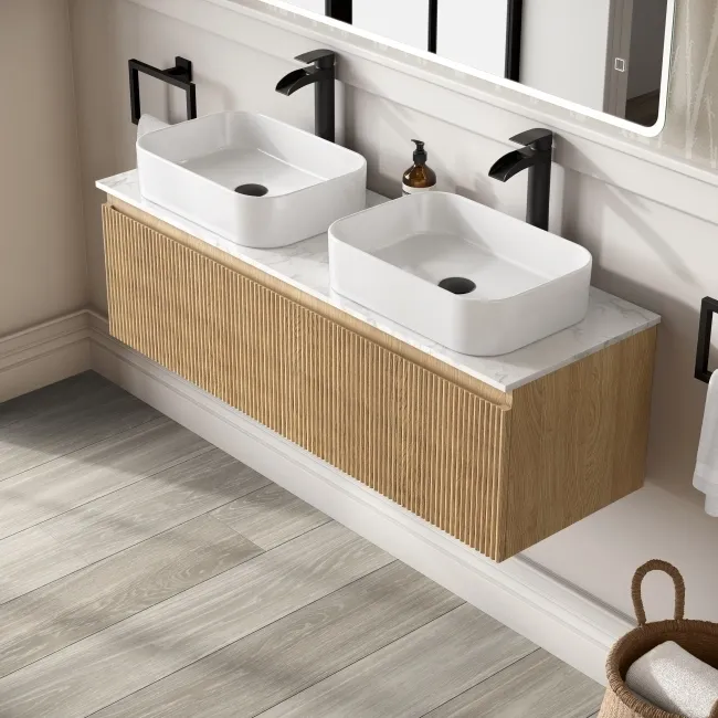 Malta Fluted Country Oak Double Wall Hung Drawer Vanity with Marble Top & Marin Basin 1200mm