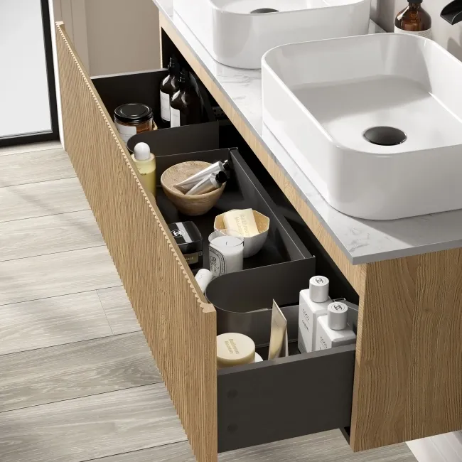 Malta Fluted Country Oak Double Wall Hung Drawer Vanity with Marble Top & Marin Basin 1200mm