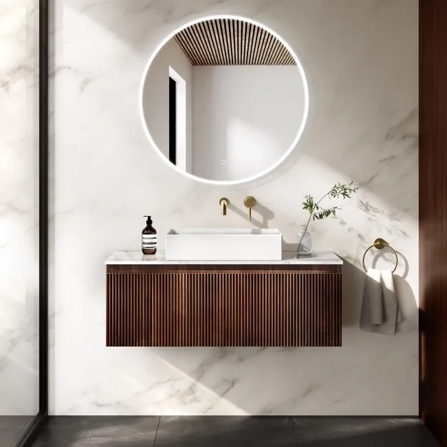 Malta Fluted Black Walnut Wall Hung Drawer Vanity with Marble Top & Cody Basin 1000mm