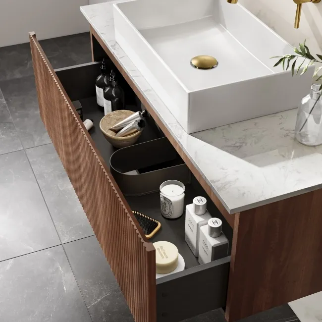 Malta Fluted Black Walnut Wall Hung Drawer Vanity with Marble Top & Cody Basin 1000mm