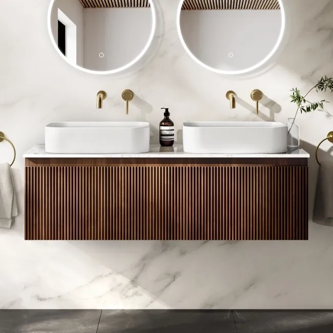 Malta Fluted Black Walnut Double Wall Hung Drawer Vanity with Marble Top & Marin Basin 1200mm