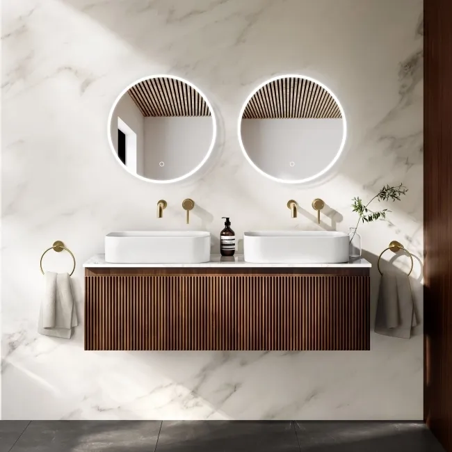 Malta Fluted Black Walnut Double Wall Hung Drawer Vanity with Marble Top & Marin Basin 1200mm