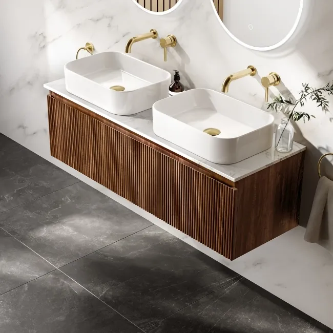 Malta Fluted Black Walnut Double Wall Hung Drawer Vanity with Marble Top & Marin Basin 1200mm