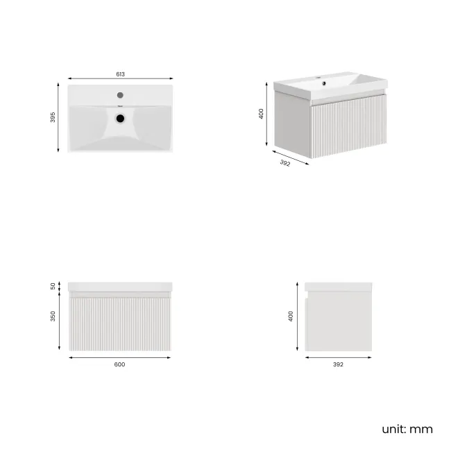 Malta Fluted Coastal White Wall Hung Basin Drawer Vanity 600mm