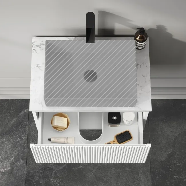 Malta Fluted Coastal White Wall Hung Drawer Vanity with Marble Top 600mm - Excludes Counter Top Basin