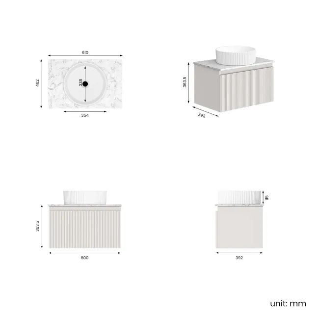 Malta Fluted Coastal White Wall Hung Drawer Vanity with Marble Top & Nevis Basin 600mm