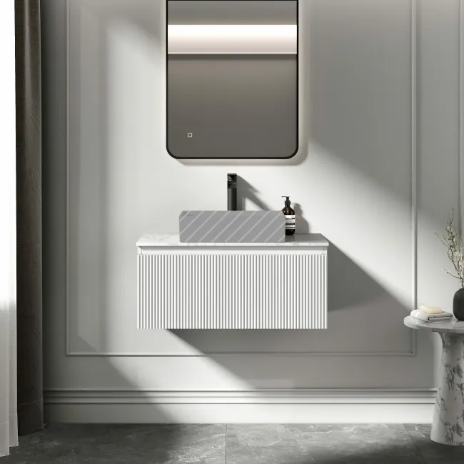 Malta Fluted Coastal White Wall Hung Drawer Vanity with Marble Top 800mm - Excludes Counter Top Basin