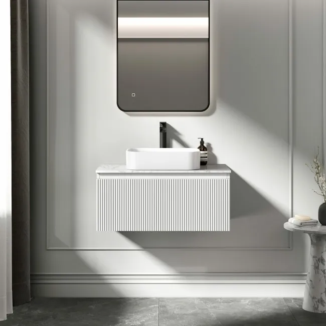 Malta Fluted Coastal White Wall Hung Drawer Vanity with Marble Top & Marin Basin 800mm