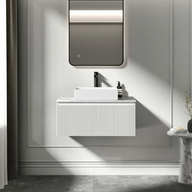 Malta Fluted Coastal White Wall Hung Drawer Vanity with Marble Top & Cody Basin 800mm