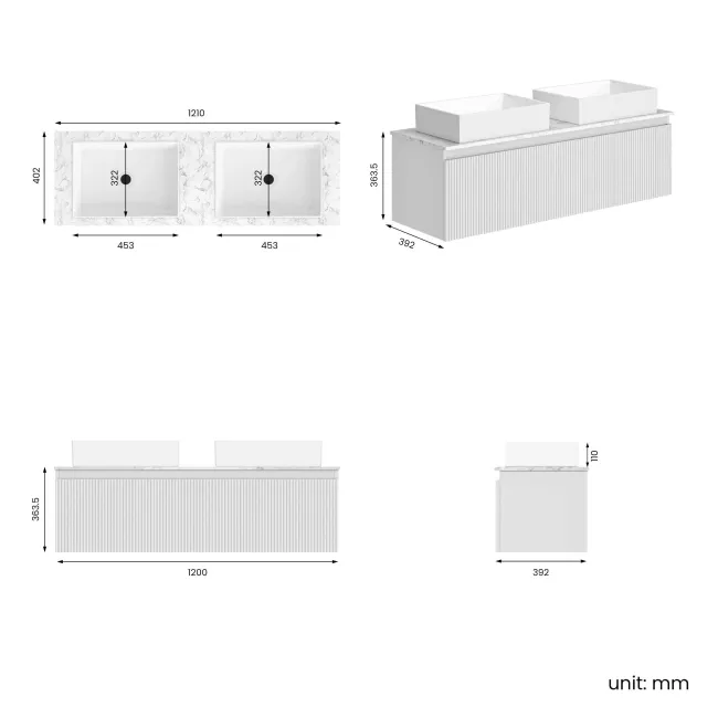 Malta Fluted Coastal White Double Wall Hung Drawer Vanity with Marble Top & Cody Basin 1200mm