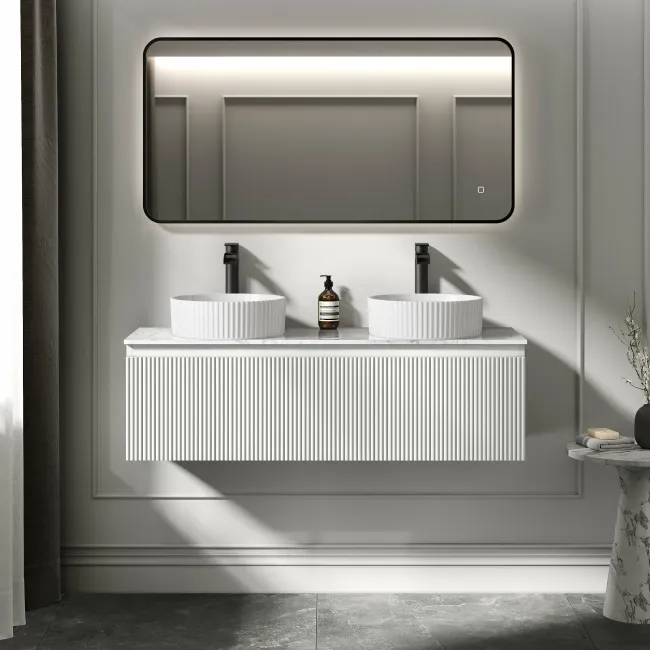 Malta Fluted Coastal White Double Wall Hung Drawer Vanity with Marble Top & Nevis Basin 1200mm