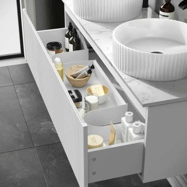 Malta Fluted Coastal White Double Wall Hung Drawer Vanity with Marble Top & Nevis Basin 1200mm