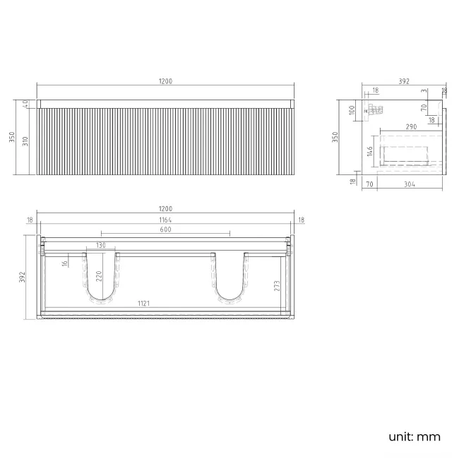 Malta Fluted Matt Black Wall Hung Double Basin Drawer Vanity 1200mm