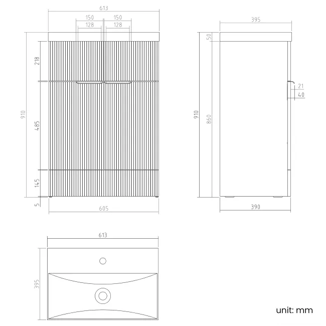 Havana Fluted Coastal White Basin Vanity 600mm - Black Accents