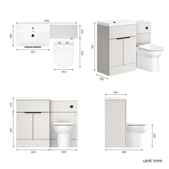 Havana Fluted Coastal White Combination Vanity Basin and Aruba Toilet 1100mm - Black Accents