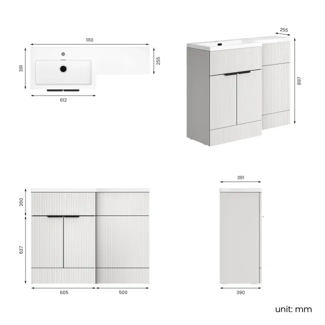 Havana Fluted Coastal White Basin Vanity and Back To Wall Toilet Unit 1100mm (Excludes Toilet) - Black Accents - Left Handed