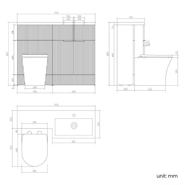 Havana Fluted Coastal White Combination Vanity Basin and Tucson Toilet 1100mm - Black Accents - Right Handed