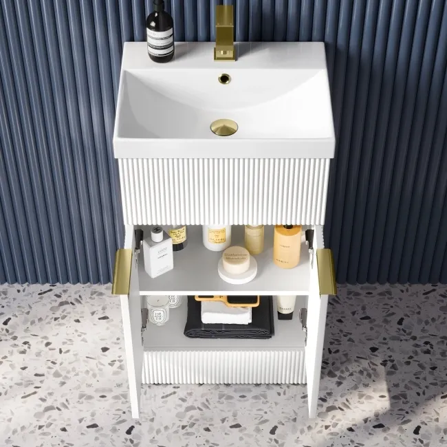Havana Fluted Coastal White Basin Vanity 500mm - Brushed Brass Accents