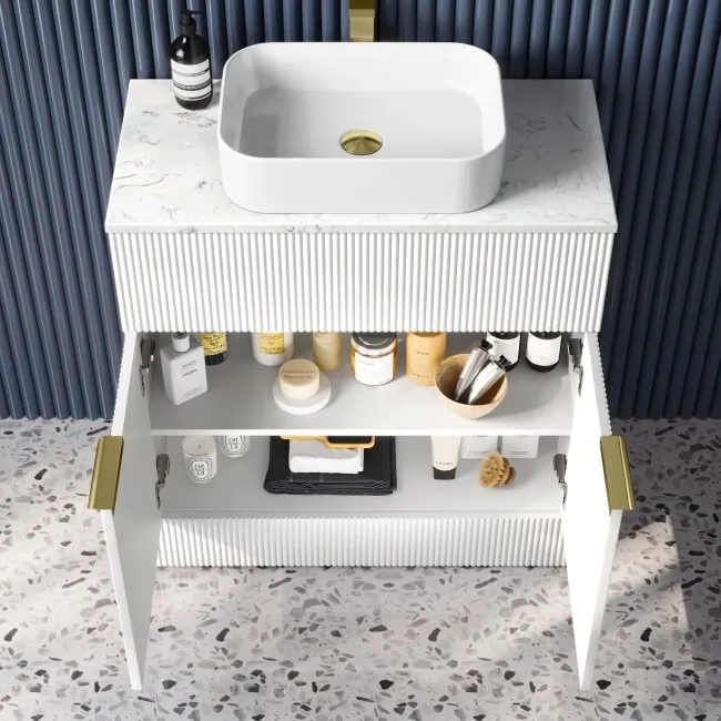 Havana Fluted Coastal White Cabinet with Marble Top & Marin Basin 800mm - Brushed Brass Accents