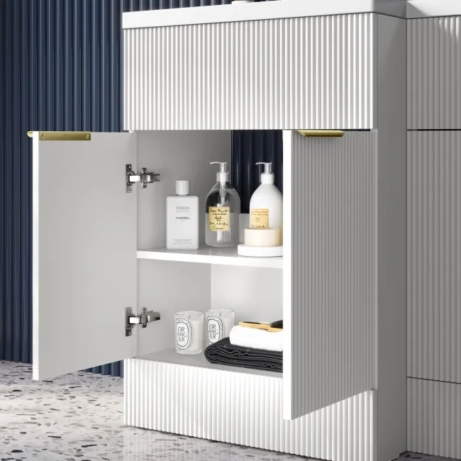 Havana Fluted Coastal White Basin Vanity and Back To Wall Toilet Unit 1100mm (Excludes Toilet) - Brushed Brass Accents - Left Handed