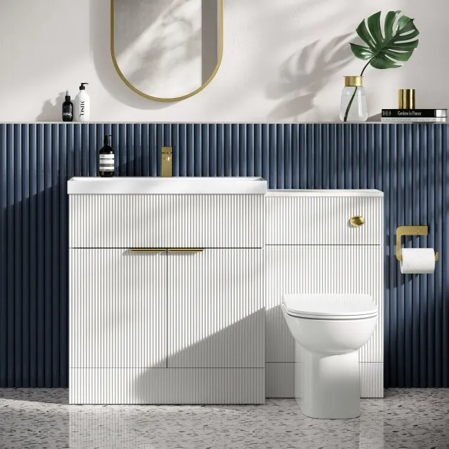 Havana Fluted Coastal White Combination Vanity Basin and Aruba Toilet 1300mm - Brushed Brass Accents