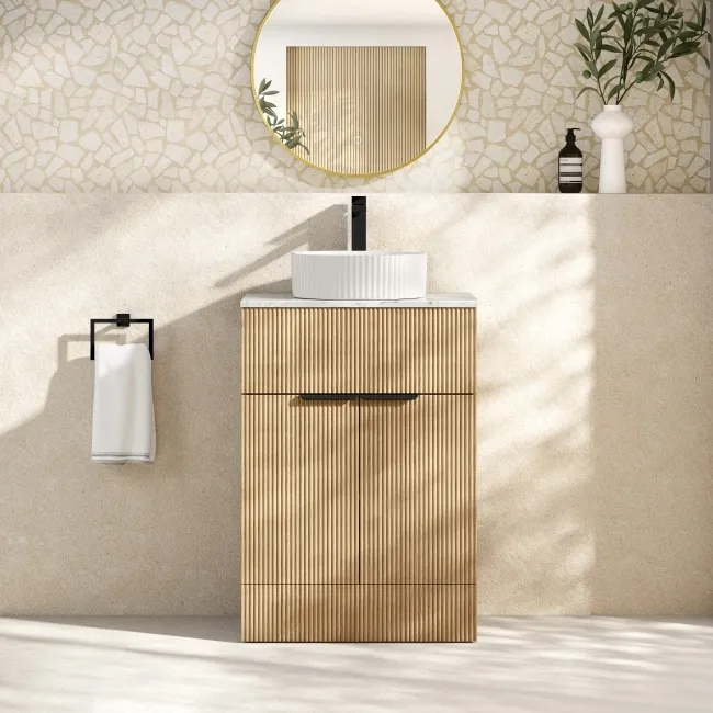 Havana Fluted Country Oak Cabinet with Marble Top & Nevis Basin 600mm - Black Accents