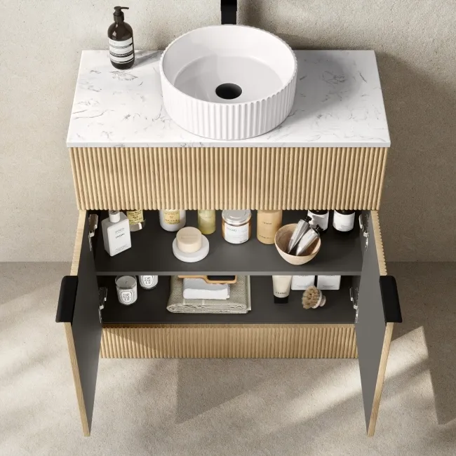 Havana Fluted Country Oak Cabinet with Marble Top & Nevis Basin 800mm - Black Accents