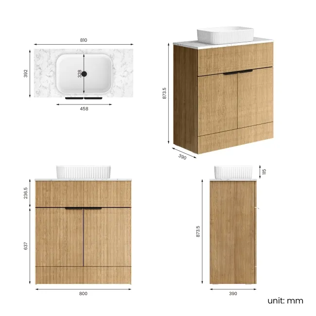 Havana Fluted Country Oak Cabinet with Marble Top & Reno Basin 800mm - Black Accents