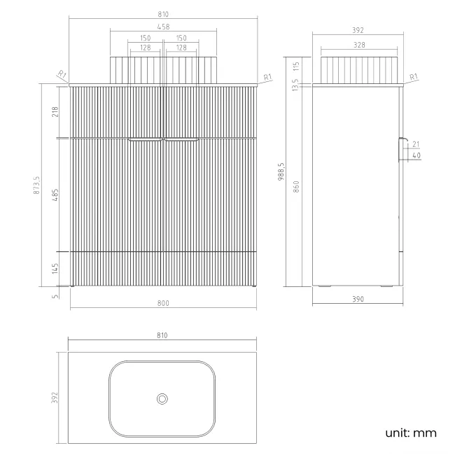 Havana Fluted Country Oak Cabinet with Marble Top & Reno Basin 800mm - Black Accents