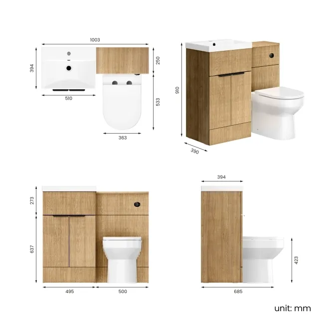 Havana Fluted Country Oak Combination Vanity Basin and Miami Toilet 1000mm - Black Accents