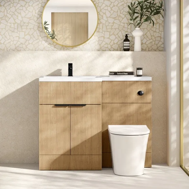 Havana Fluted Country Oak Combination Vanity Basin and Tucson Toilet 1100mm - Black Accents - Left Handed