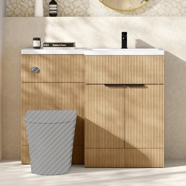 Havana Fluted Country Oak Basin Vanity and Back To Wall Toilet Unit 1100mm (Excludes Toilet) - Black Accents - Right Handed