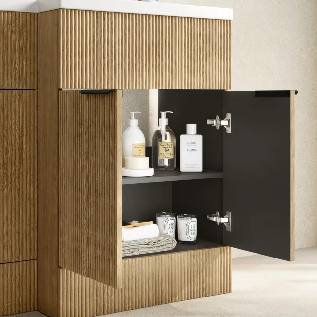 Havana Fluted Country Oak Basin Vanity and Back To Wall Toilet Unit 1100mm (Excludes Toilet) - Black Accents - Right Handed