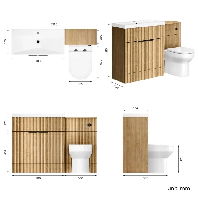 Havana Fluted Country Oak Combination Vanity Basin and Miami Toilet 1300mm - Black Accents