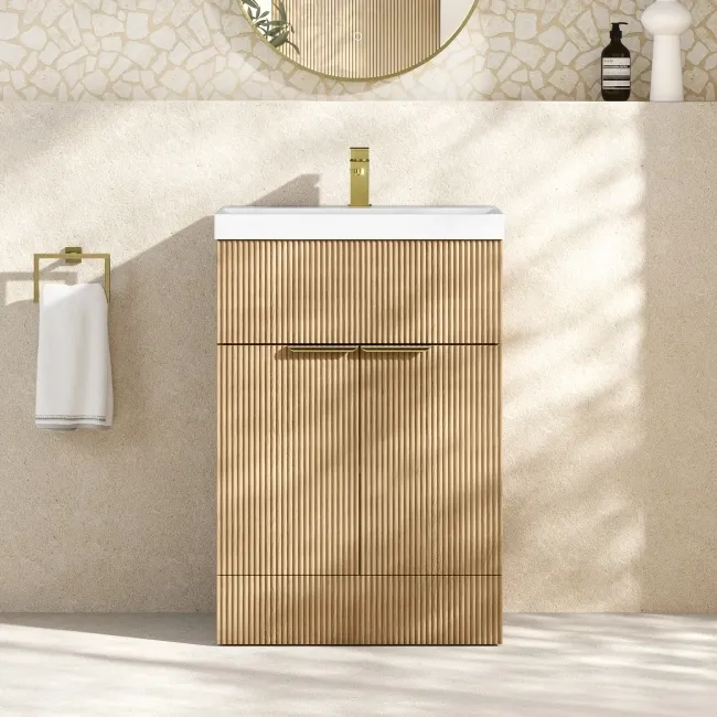 Havana Fluted Country Oak Basin Vanity 600mm - Brushed Brass Accents